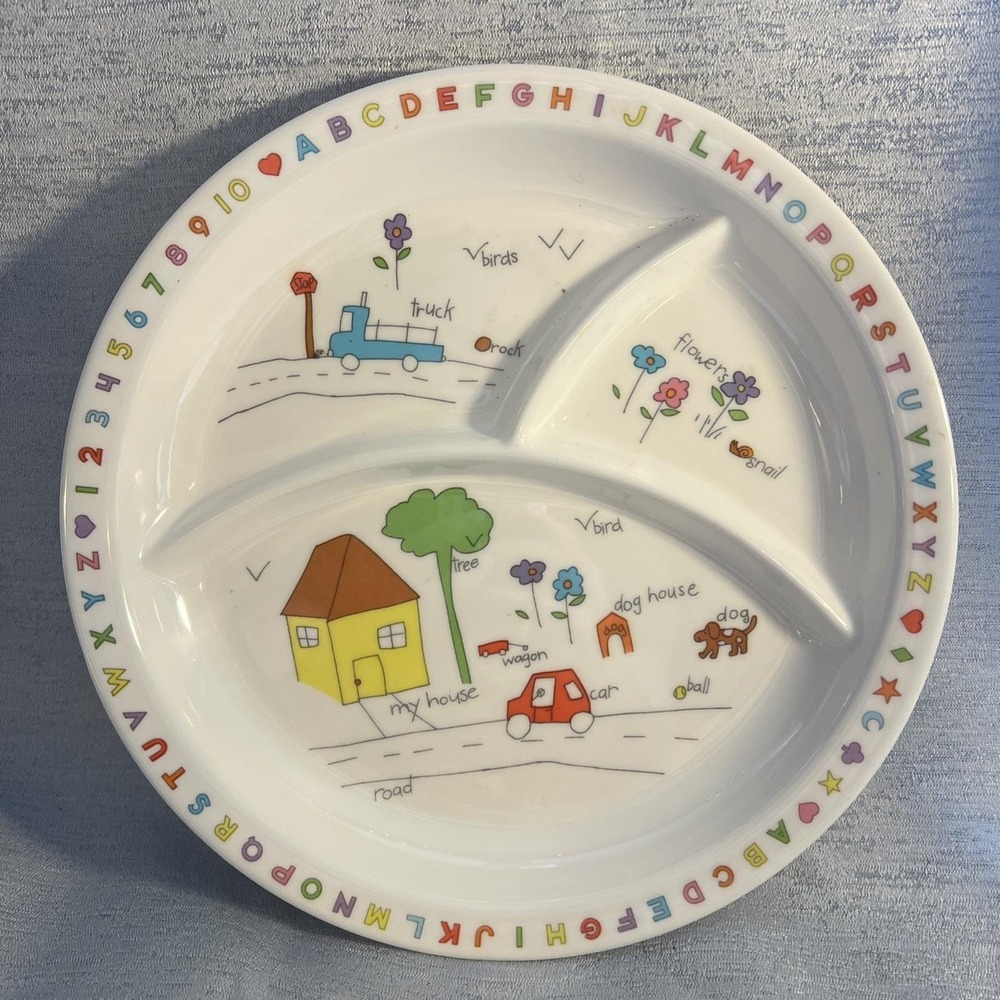 1987 Anacapa Divided Childs Plate Melamine Alphabet House Trucks Dog  900-1 Vtg